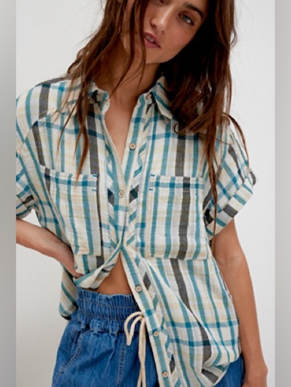 We the Free Free People Firefly Madras Top Cotton Boho Plaid Size XS Oversized